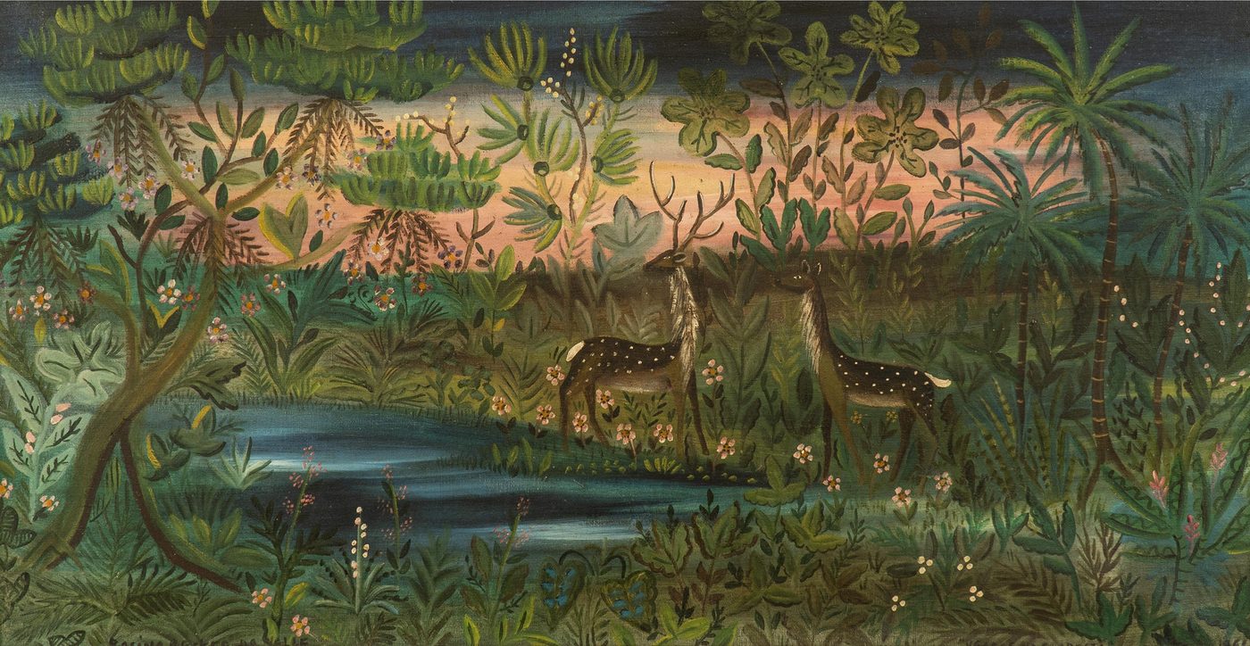 Pintura de Rosina Becker do Valle: dois veados malhados numa clareira de floresta densa, junto a um lago escuro, sob céu rosado de entardecer.
